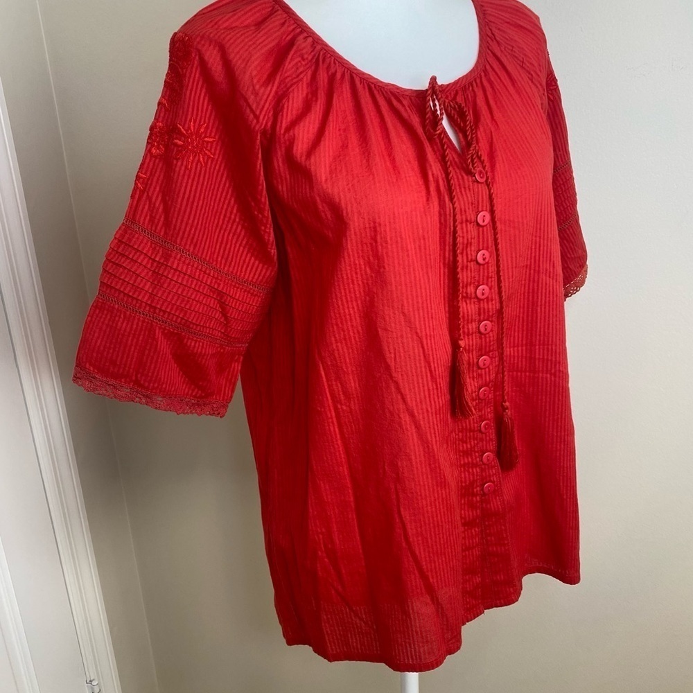 April Cornell Poppy Embroidered Tassel Short Sleeve buttoned Down Blouse… - Picture 6 of 13